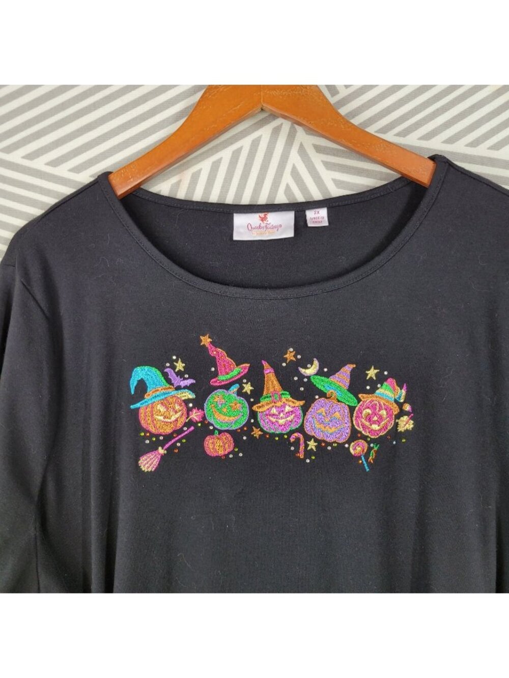 Quacker Factory Plus 2X Black Halloween Fall T-shirt Witch Hat Jack-o-lantern